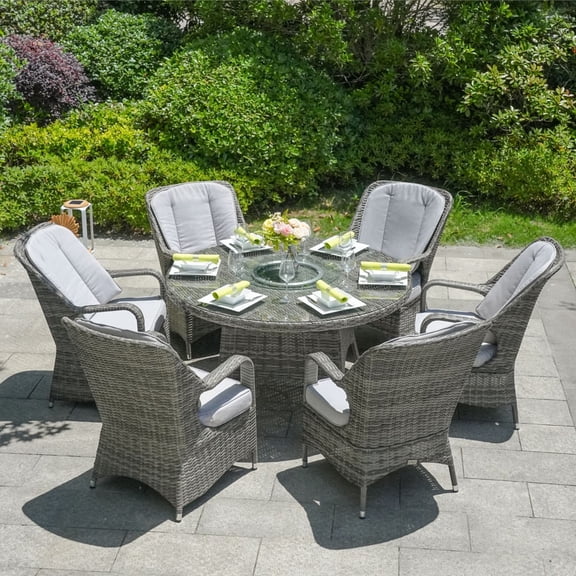 7-Piece Outdoor Wicker Patio Dining Table Furniture Set w/ Umbrella Cutout, 6 Chairs - Gray
