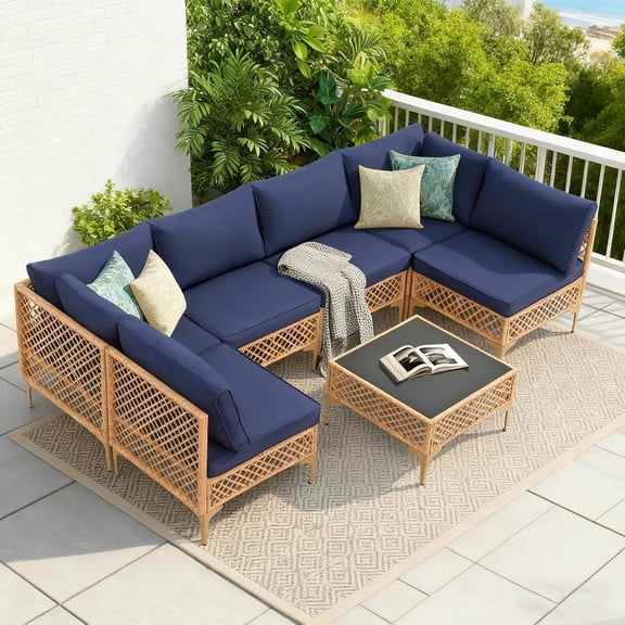 7 Piece Outdoor Wicker Patio Furniture Set,Hand-Woven PE Rattan Conversation Set Supports 350 Lbs Per Seat, Water Resistant Modern Patio Sofa Set in Natural & Blue, Perfect for Backyard,Poolside