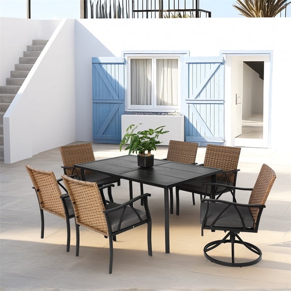 7 Piece Outdoor Wicker Sectional Dining Set, Outdoor Furniture Set with 2 Swivel Rocker Chairs, 4 Cushions Chairs, Patio Dining Set for 6