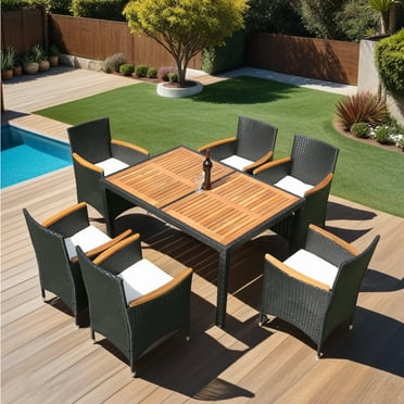 7 Piece Outdoor Wicker Sectional Dining Set, Outdoor Furniture Set with Wood Tabletop, Stackable Armrest Chairs with Beige Cushions, Patio Dining Set for 6, Brown