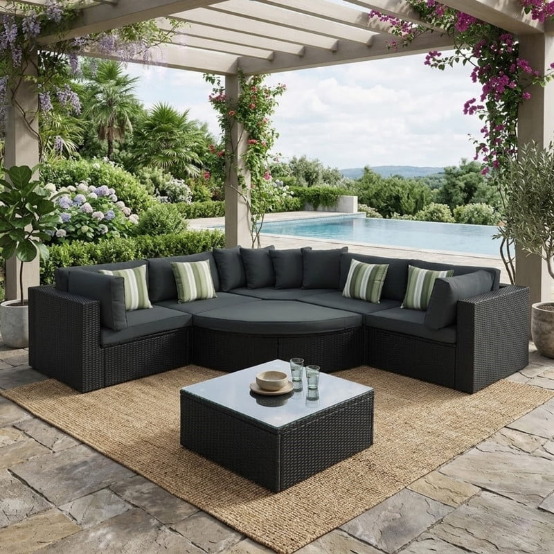 7-Piece Outdoor Wicker Sectional Sofa Set with Coffee Table and Ottoman, Patio Furniture Set with Pillows, Conversation Sofa For Patio, Garden, Deck