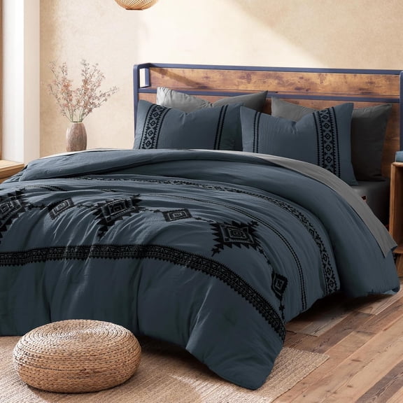 7-Piece Oversized Queen Blue Grey Embroidery Western Comforter Set, Boho Farmhouse Bed in a Bag