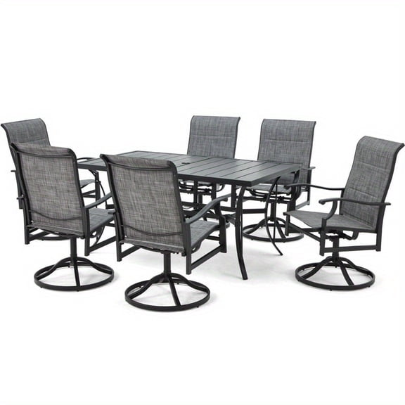 7-Piece PE Rattan Outdoor Dining Set, Patio Table Set with 6 Chairs, Patio Furniture for Indoor/Outdoor Backyard, Poolside & Porch, Brown/Gray