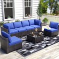 thumbnail image 1 of 7 Piece PE Rattan Patio Conversation Set, All Weather Wicker Outdoor Furniture Set with Modular Sectional Sofa & Tempered Glass Table, for Garden Porch Deck Backyard, 1 of 8