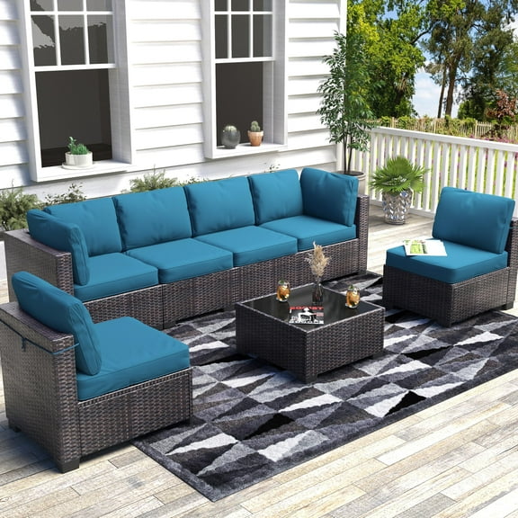 7 Piece PE Rattan Patio Conversation Set, All Weather Wicker Outdoor Furniture Set with Modular Sectional Sofa & Tempered Glass Table, for Garden Porch Deck Backyard