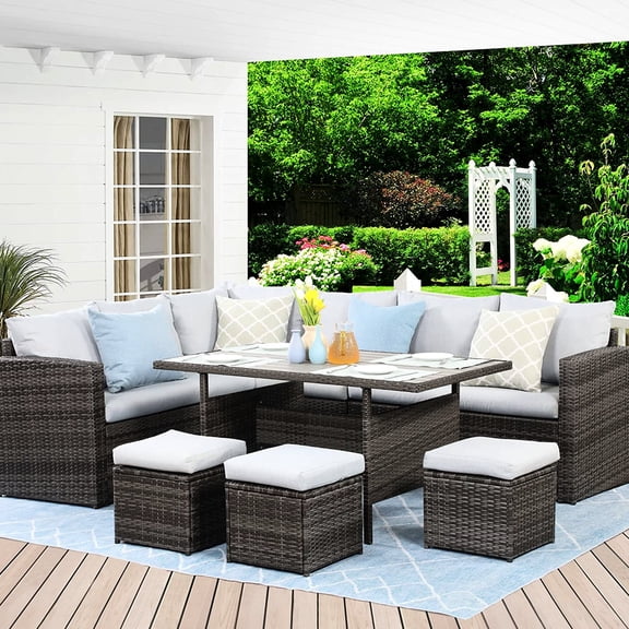 7-Piece PE Rattan Set with Grey Cushions / Practical and Beautiful Patio Furniture