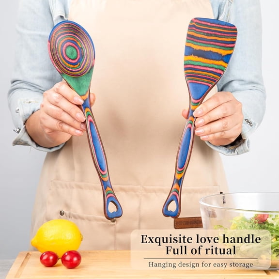 7-Piece Pakkawood Cooking Utensils Set with Heart Shape Handle for Non-Stick Pans Heat Resistant Kitchen Tools
