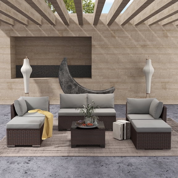 7 Piece Patio Conversation Set, Lofka Outdoor Furniture Set with Coffee Table,Ratten ChairsOttomans for Garden Backyard Poolside, Gray