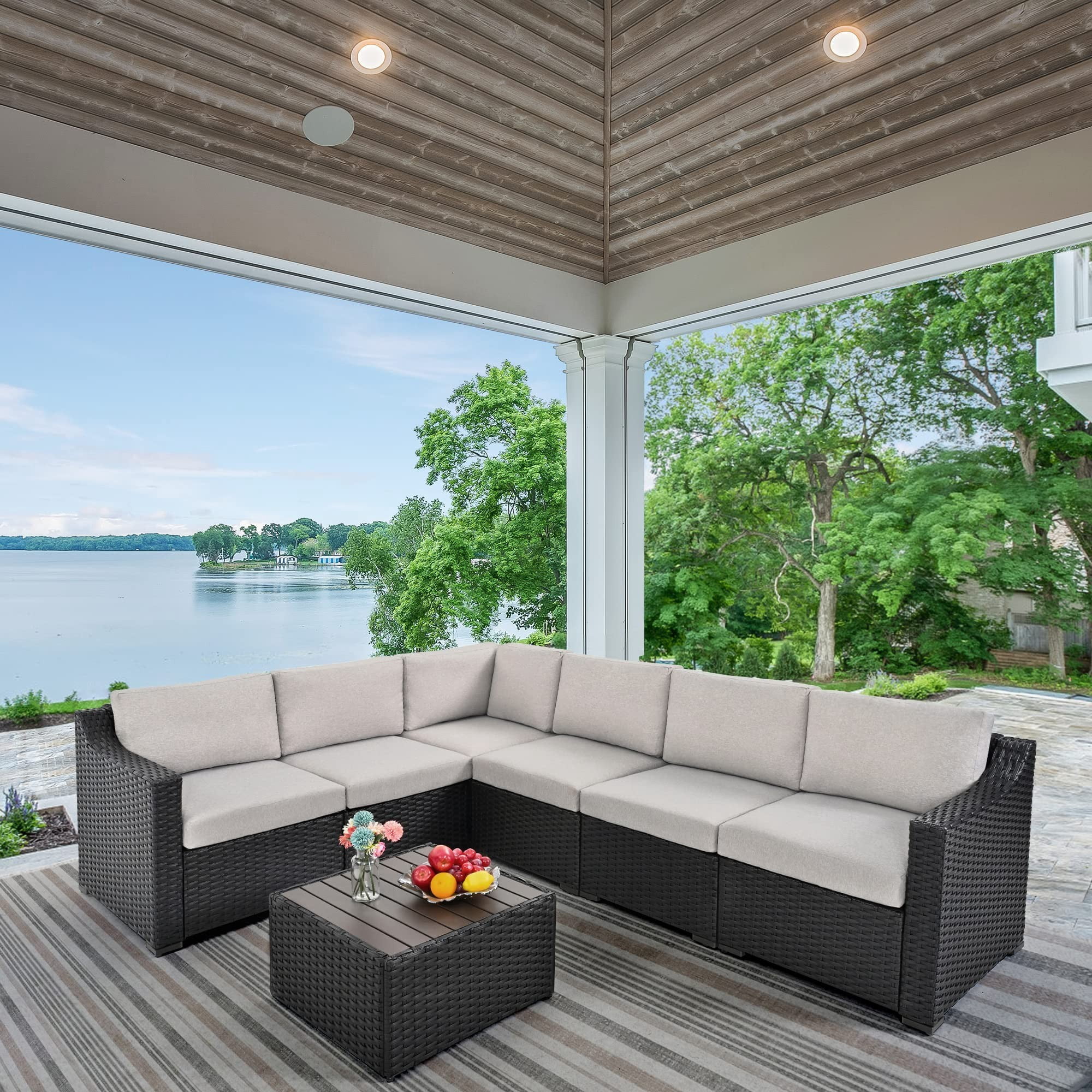 7 Piece Patio Conversation Set, Outdoor Rattan Wicker Sectional Sofa, All-Weather Modular Patio Furniture Set with Cushions for Backyard, Balcony, Porch (Brown/Gray)