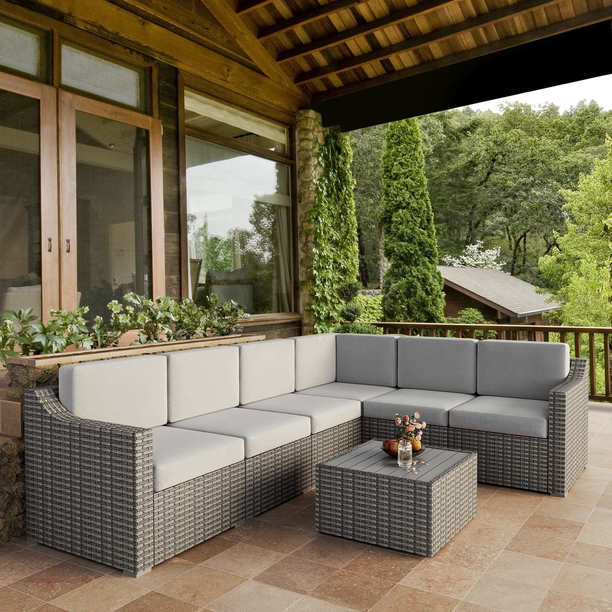 7 Piece Patio Conversation Set, Outdoor Rattan Wicker Sectional Sofa, All-Weather Modular Patio Furniture Set with Cushions for Backyard, Balcony, Porch (Grey/Beige)