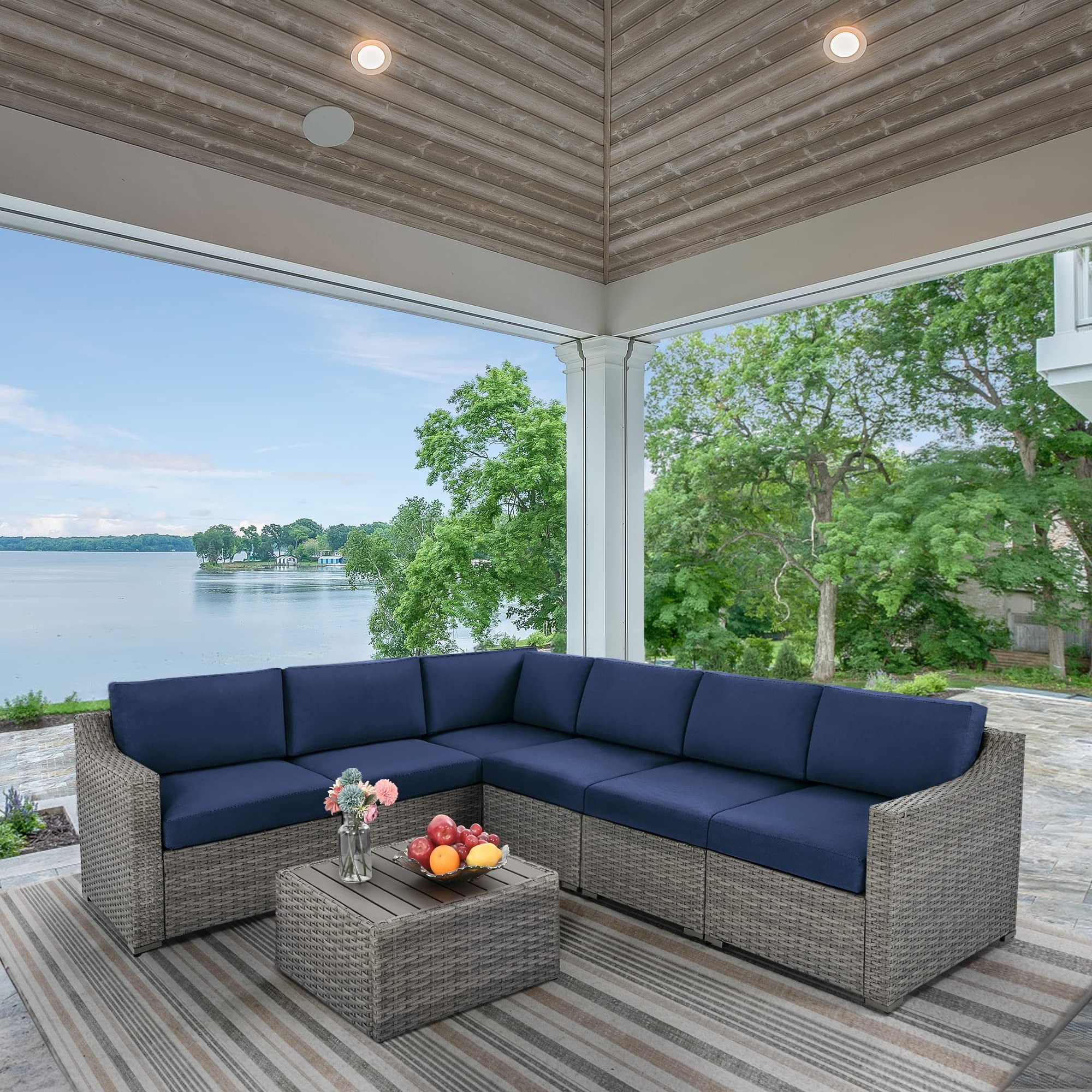 7 Piece Patio Conversation Set, Outdoor Rattan Wicker Sectional Sofa, All-Weather Modular Patio Furniture Set with Cushions for Backyard, Balcony, Porch (Grey/Blue)