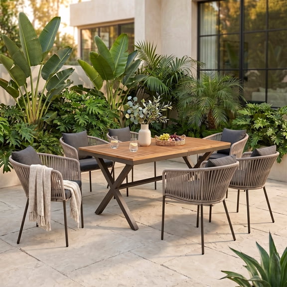 Vanress 7-Piece Patio Dining Set for 6, Outdoor Furniture Set Includes Rectangle Patio Table and 6 Dining Chairs, Outdoor Table and Chairs for Outsides, Backyard, Garden and Poolside, Grey