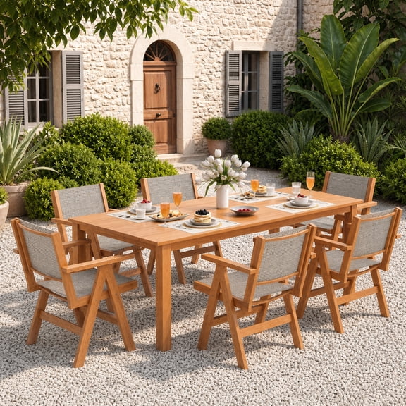 7-Piece Patio Dining Set, HDPE Outdoor Table with Umbrella Hole and 6 Textilene Chairs, Wood-Look Finish, Aluminum Frame, All-Weather Dining Set for Backyard, Poolside and Deck, Teak