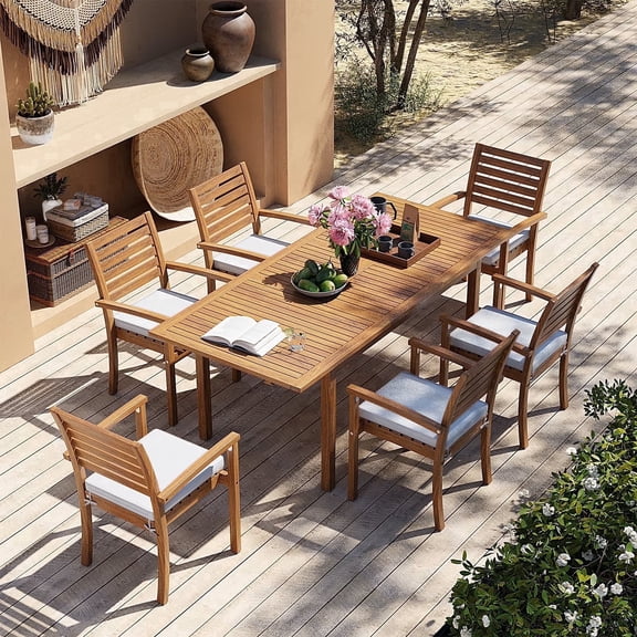 7 Piece Patio Dining Set, Outdoor Acacia Wood Furniture Set, Extendable Rectangular Table and 6 Stackable chairs, Removeable Fabric Cushion, FSC Certified, for Deck Garden Backyard