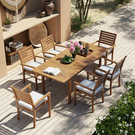 7 Piece Patio Dining Set, Outdoor Acacia Wood Furniture Set, Extendable Rectangular Table and 6 Stackable chairs w/Removeable Fabric Cushion, FSC Certified, for Deck Garden Backyard