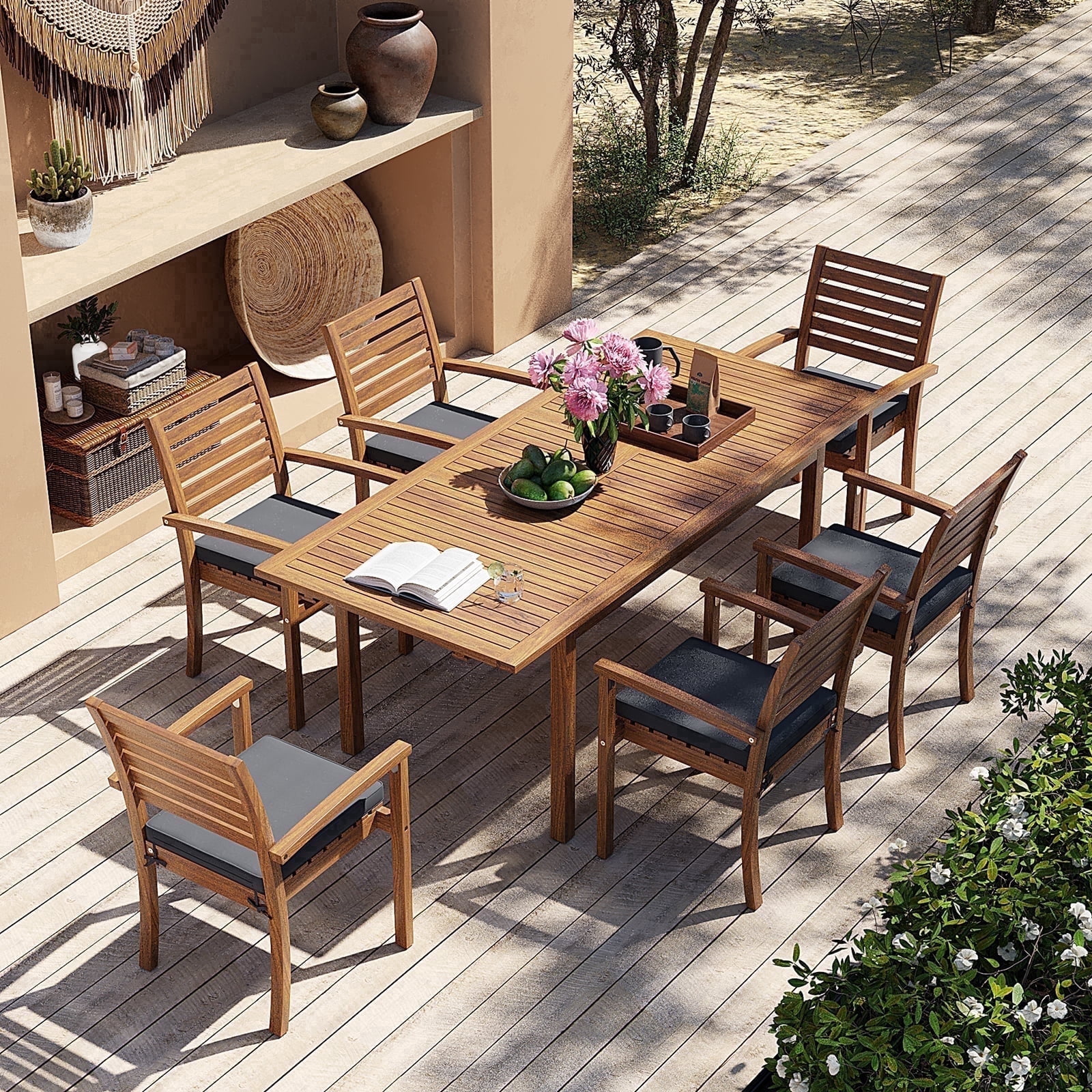 7 Piece Patio Dining Set, Outdoor Acacia Wood Furniture Set, Extendable Rectangular Table and 6 Stackable chairs, Removeable Fabric Dark Gray Cushion, FSC Certified, for Deck Garden Backyard