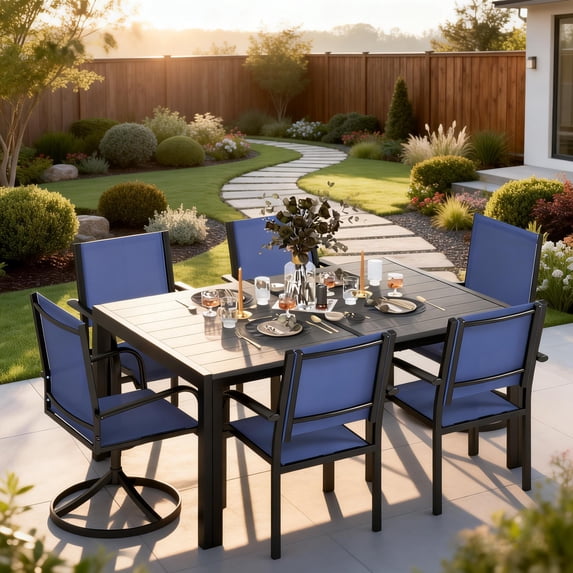 7 Piece Outdoor Patio Furniture Set,6-Person Dining Set with Cushioned Swivel Chairs, Textilene Table, All-Weather Backyard, Garden, Terrace Conversation Set, Blue