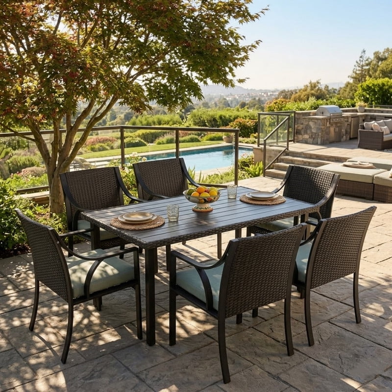 7 Piece Patio Dining Set, Outdoor Dining Set for 6, Wicker Rattan Patio Dining Furniture Set with 6 Chairs