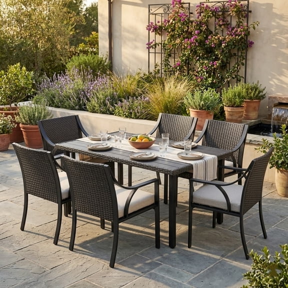 7 Piece Patio Dining Set, Outdoor Dining Set for 6, Wicker Rattan Patio Dining Furniture Set with 6 Chairs