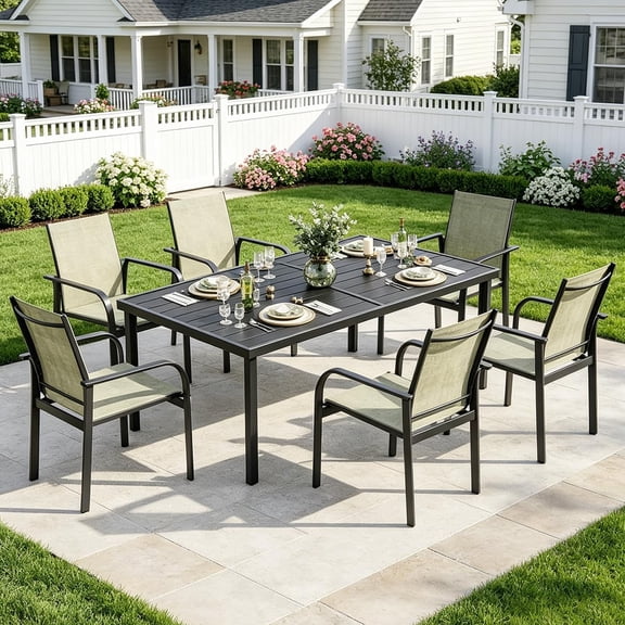 7 Piece Patio Dining Set, Outdoor Furniture Set with 55" Rectangular Iron Table & 6 Textilene Chairs, For All Weather Suitable for Backyard, Garden, Poolside