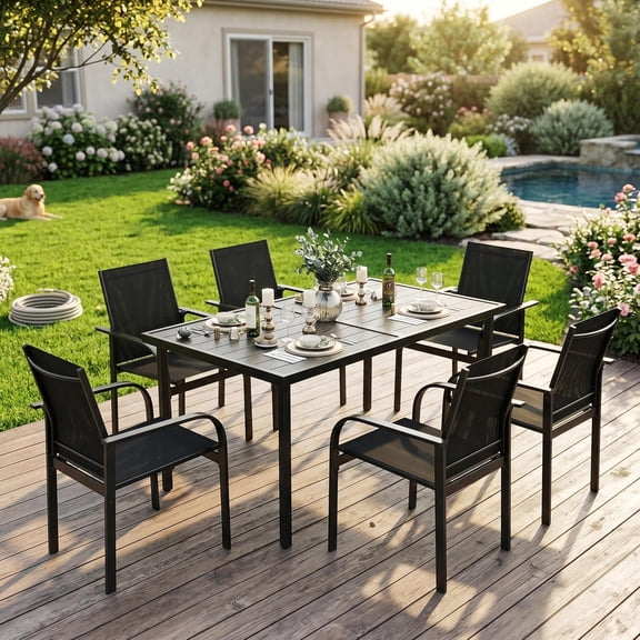 7 Piece Patio Dining Set, Outdoor Furniture Set with 55" Rectangular Iron Table & 6 Textilene Chairs, For All Weather Suitable for Backyard, Garden, Poolside