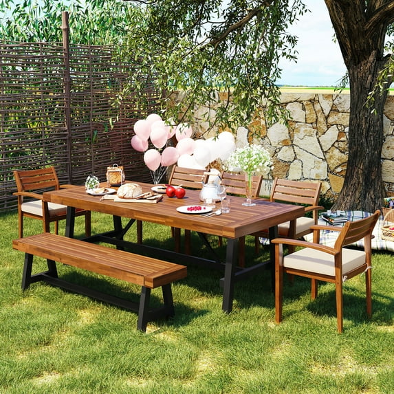 7 Piece Patio Dining Set, Outdoor Wood Furniture Set with 1 Bench, 1 Rectangular Table and 5 Chairs w/Removeable Cushion, Nature