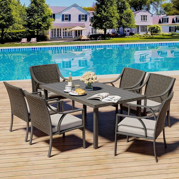 7-Piece Patio Dining Set for 6, Outdoor All-Weather Rattan Dining Table & 6 Chairs Chat Sets, Beige