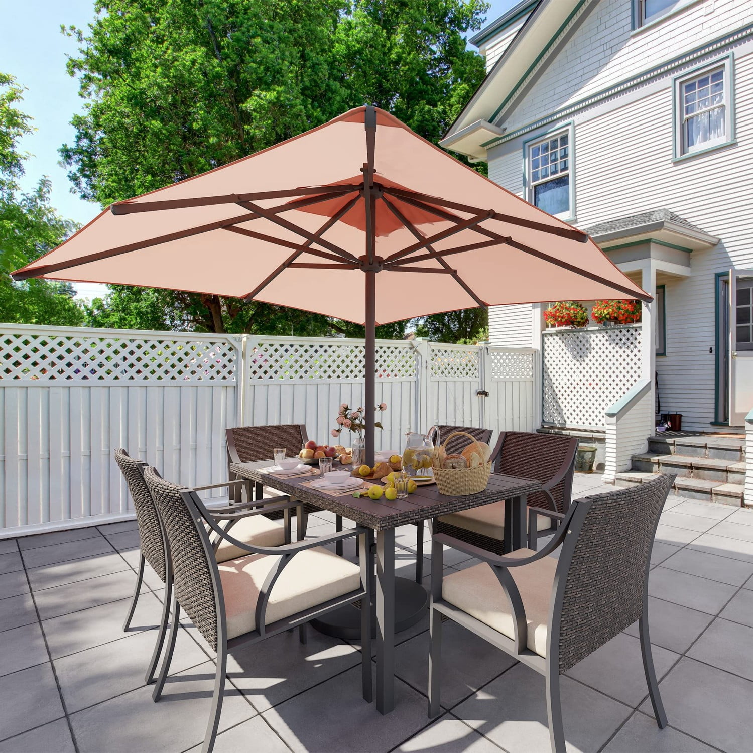 7 Piece Patio Dining Set for 6, Outdoor Wicker Rattan Dining Furniture with Table & Chairs, All Weather Patio Set for Backyard Garden Porch, Beige