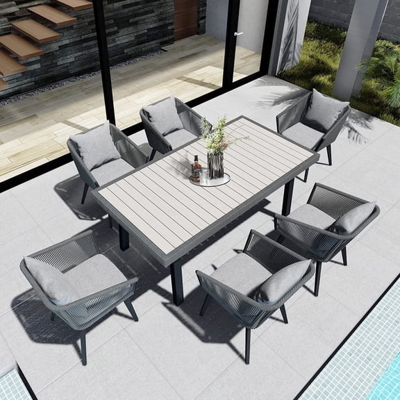Astomi 7-Piece Outdoor Patio Dining Set, Rattan Patio Table and Chairs for 6, Wicker Furniture Set with Cushion for Backyard, Balcony, Garden, Grey