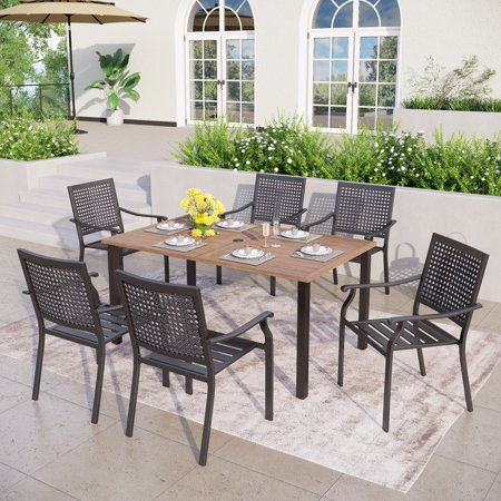 MAISON ARTS 7-Piece Patio E-coating Dining Set of 6 Stackable Chairs & 1 Metal Dining Table Type A