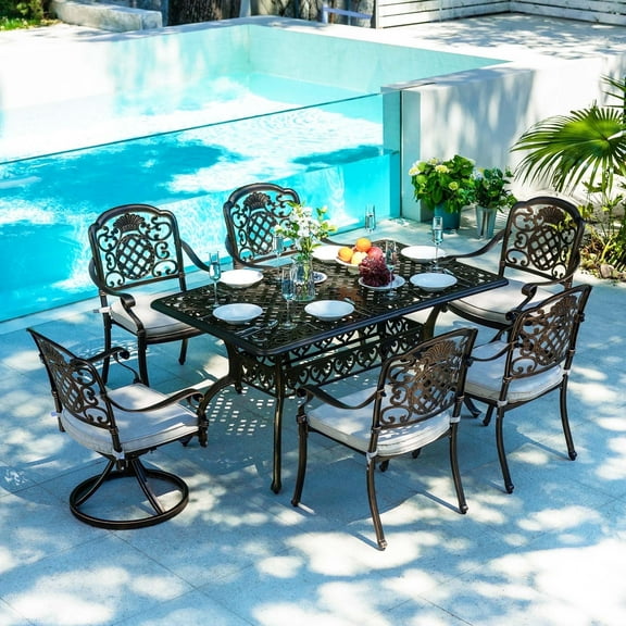 7-Piece Patio Furniture Dining Set, All-Weather Cast Aluminum Outdoor Table and Chairs for 6, Includes 4 Dining Chair & 2 Swivel Chairs & 60’’ Rectangular Table, Beige