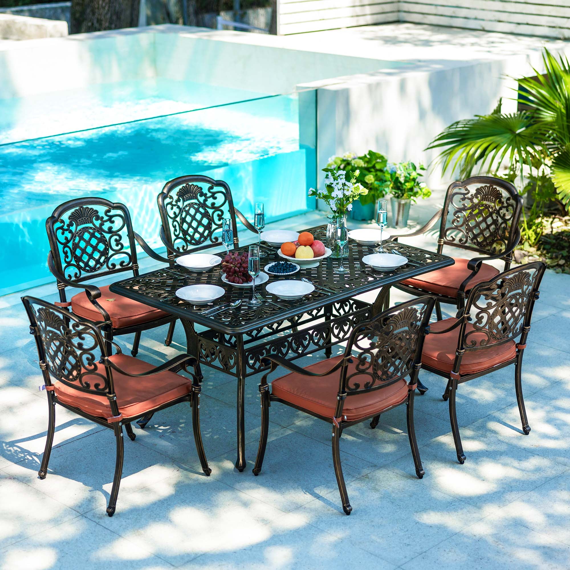 6-Person Outdoor Dining Set, Cast Aluminum Table & 6 Chairs, 60’’, All-Weather Red