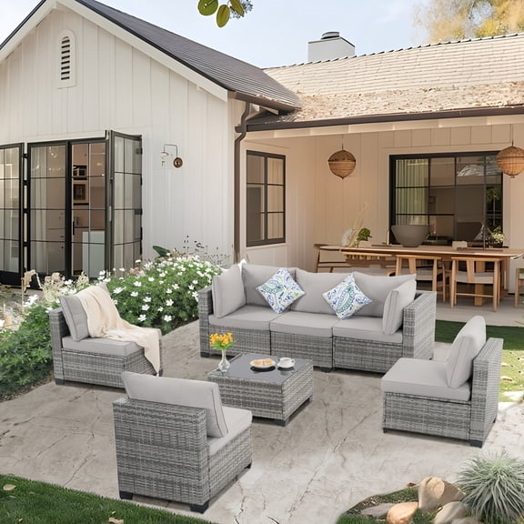 7 Piece Patio Furniture Set, All-Weather Outdoor PE Rattan Sectional Sofa with Glass Coffee Table for Backyard Garden, Gray