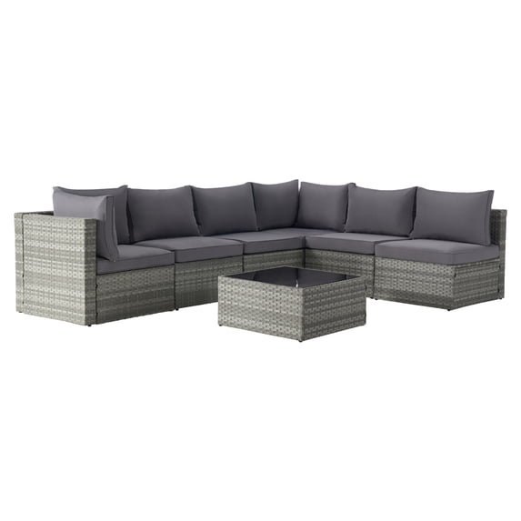 7 Piece Patio Furniture Set, Aluminum Frame Wicker Woven Conversation Sectional Sofa with Square Coffee Table and Cushions