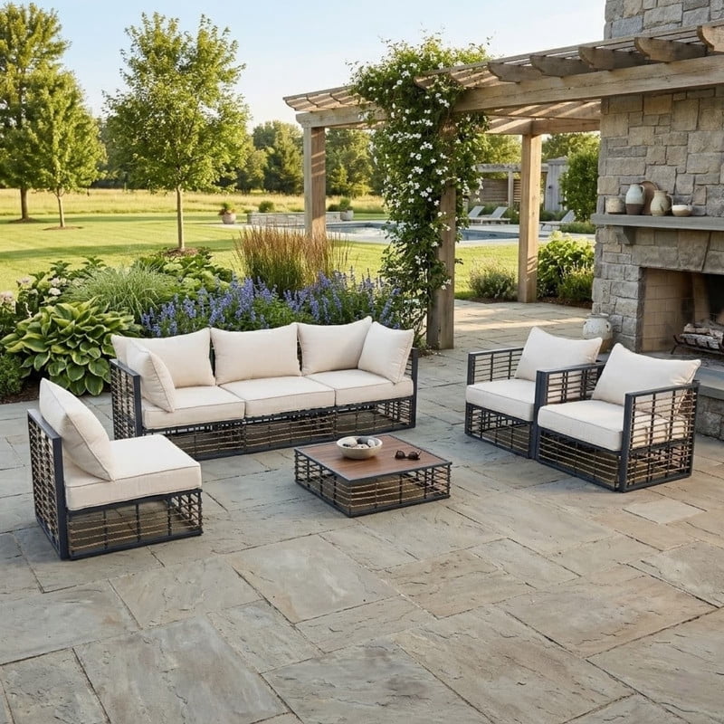 7-Piece Patio Furniture Set with Coffee Table, All-Weather Outdoor Sectional Sofa Set with Thick Cushions, Minimalist Garden Conversation Set for Backyard