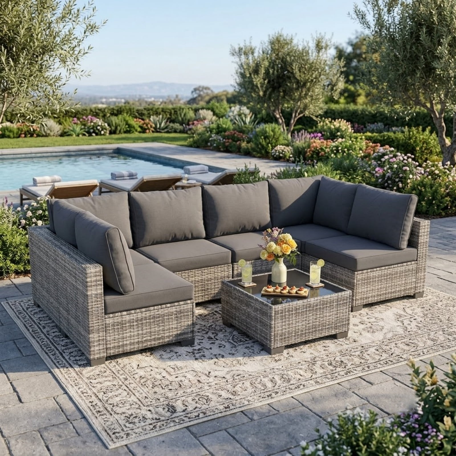 7-Piece Patio Furniture Set with Glass Coffee Table, All-Weather Wicker Rattan Outdoor Sectional Sofa with Thick Cushions, Modular Patio Conversation Set for Backyard, Poolside & Garden