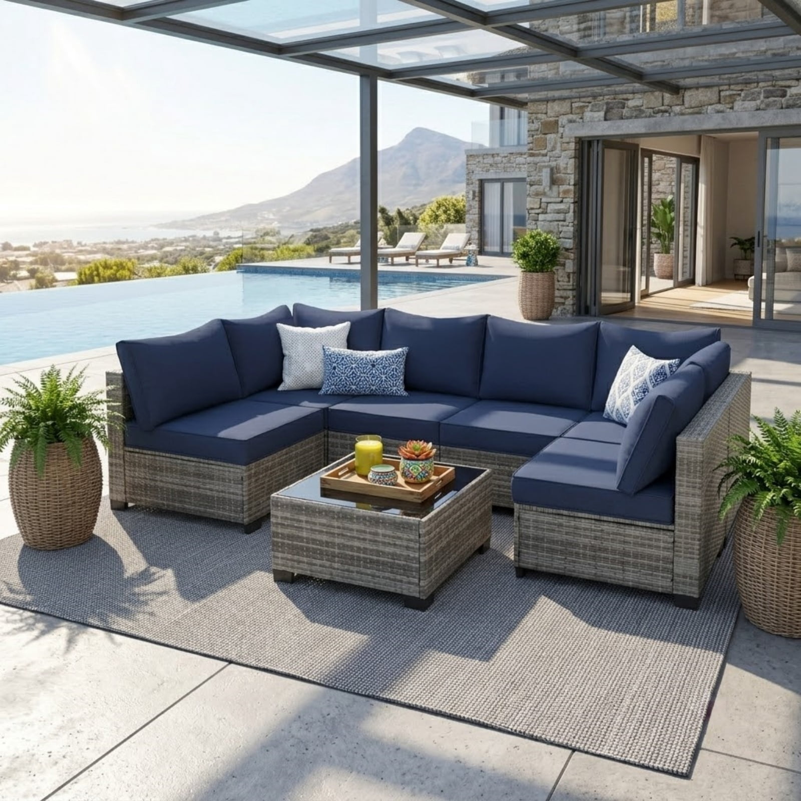 7-Piece Patio Furniture Set with Glass Coffee Table, All-Weather Wicker Rattan Outdoor Sectional Sofa with Thick Cushions, Modular Patio Conversation Set for Backyard, Poolside & Garden