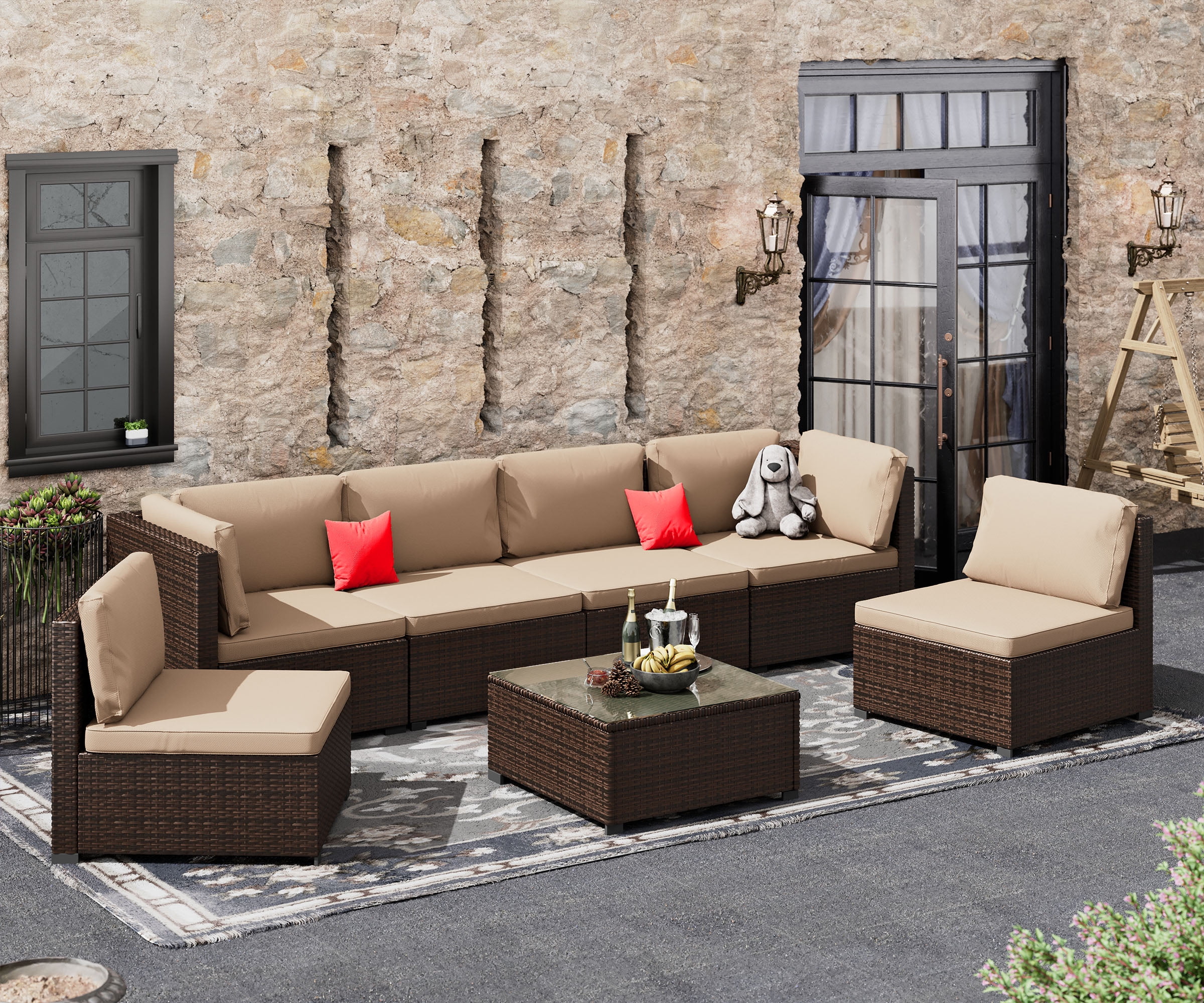 7 Piece Patio Furniture Set, All Weather Wicker Outdoor Sectional Sofa Conversation Set Beige