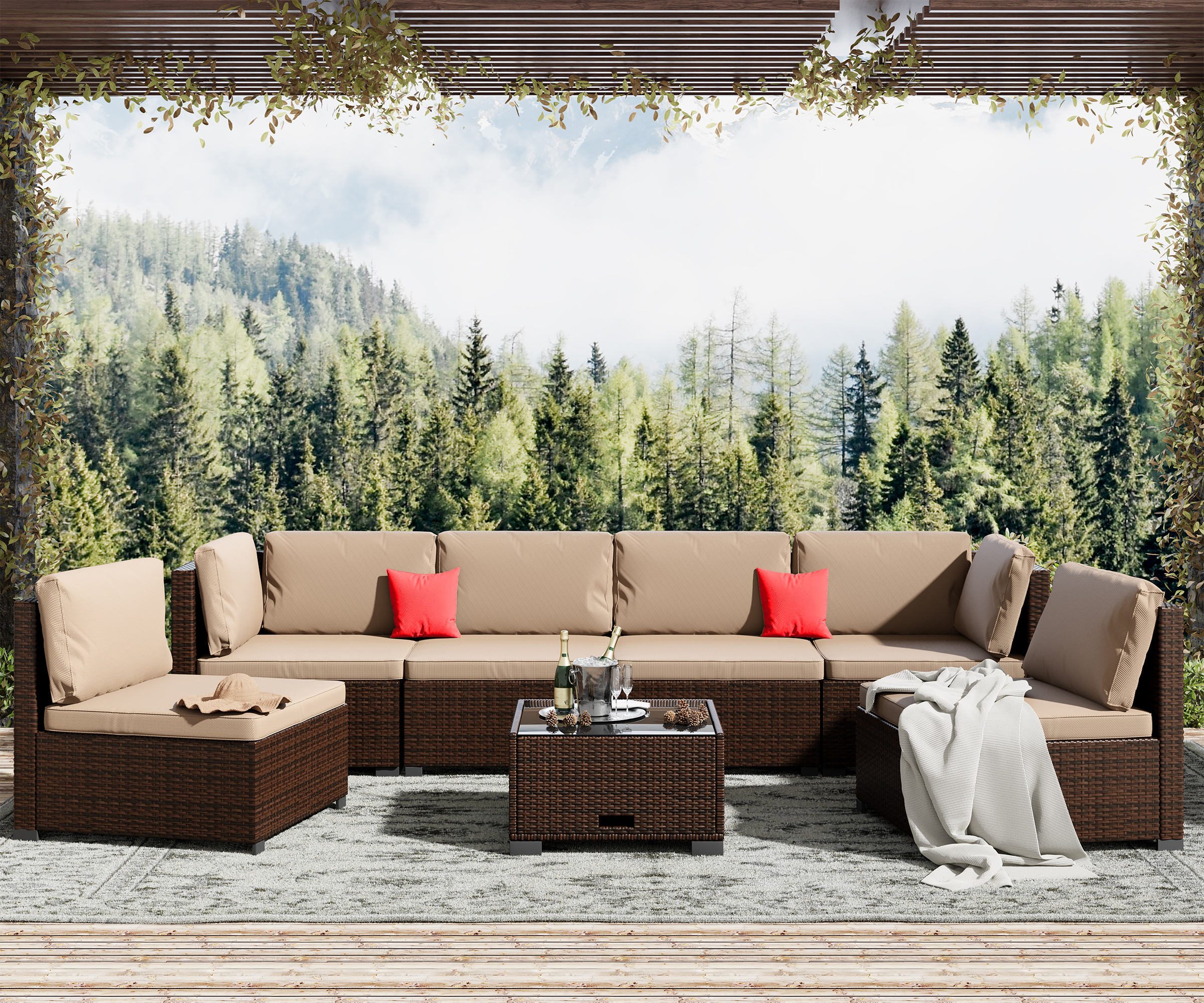 7 Piece Patio Furniture Set, Outdoor Furniture Patio Sectional Sofa, All Weather PE Rattan Outdoor Sectional with Cushion and Coffee Table. - image 1 of 6