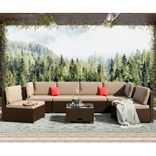 7 Piece Patio Furniture Set, Outdoor Furniture Patio Sectional Sofa, All Weather PE Rattan Outdoor Sectional with Cushion and Coffee Table.