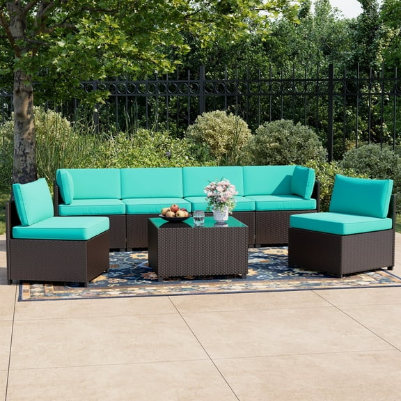 7 Piece Patio Furniture Set, Outdoor Furniture Patio Sectional Sofa, All Weather PE Rattan Outdoor Sectional with Cushion and Coffee Table.