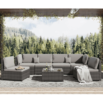7 Piece Patio Furniture Set, Outdoor Furniture Patio Sectional Sofa, All Weather PE Rattan Outdoor Sectional with Cushion and Coffee Table.