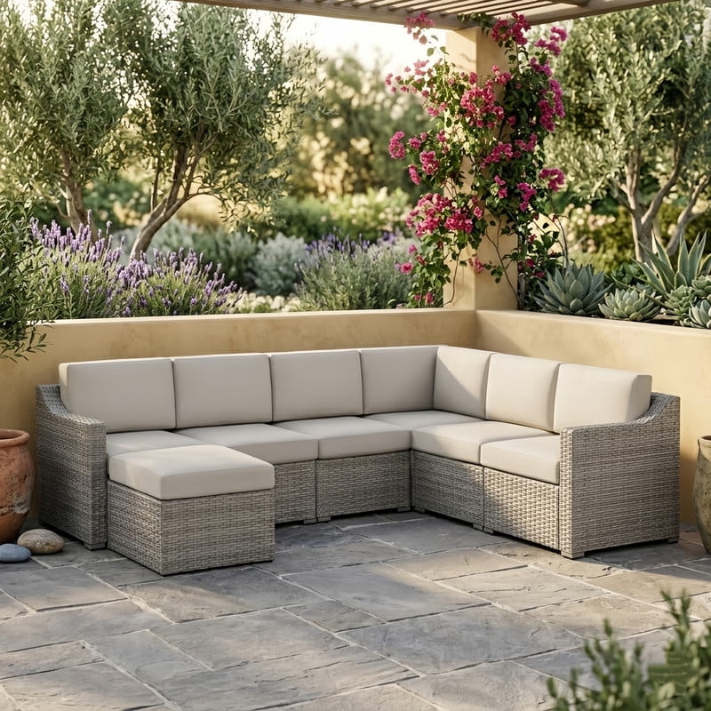 7 Piece Patio Furniture Set, Outdoor Modular Rattan Wicker Sectional Sofa Set with Cushions