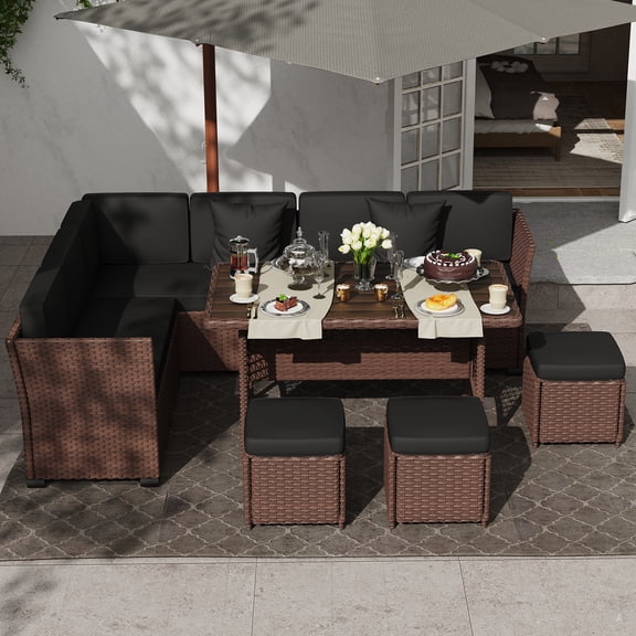 7 Piece Patio Furniture Set, Outdoor PE Wicker Rattan Patio Table and Chairs Set, Patio Conversation Sofa Set with Dining Table and Ottoman,Brown-Black