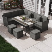 7 Piece Outdoor Patio Furniture Set, PE Rattan Patio Conversation Sofa Set with Dining Table and Ottoman,Dark Gray-Drak Gray