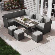 7 Piece Patio Furniture Set, Outdoor PE Wicker Rattan Patio Table and Chairs Set, Patio Conversation Sofa Set with Dining Table and Ottoman,Dark Gray-Gray