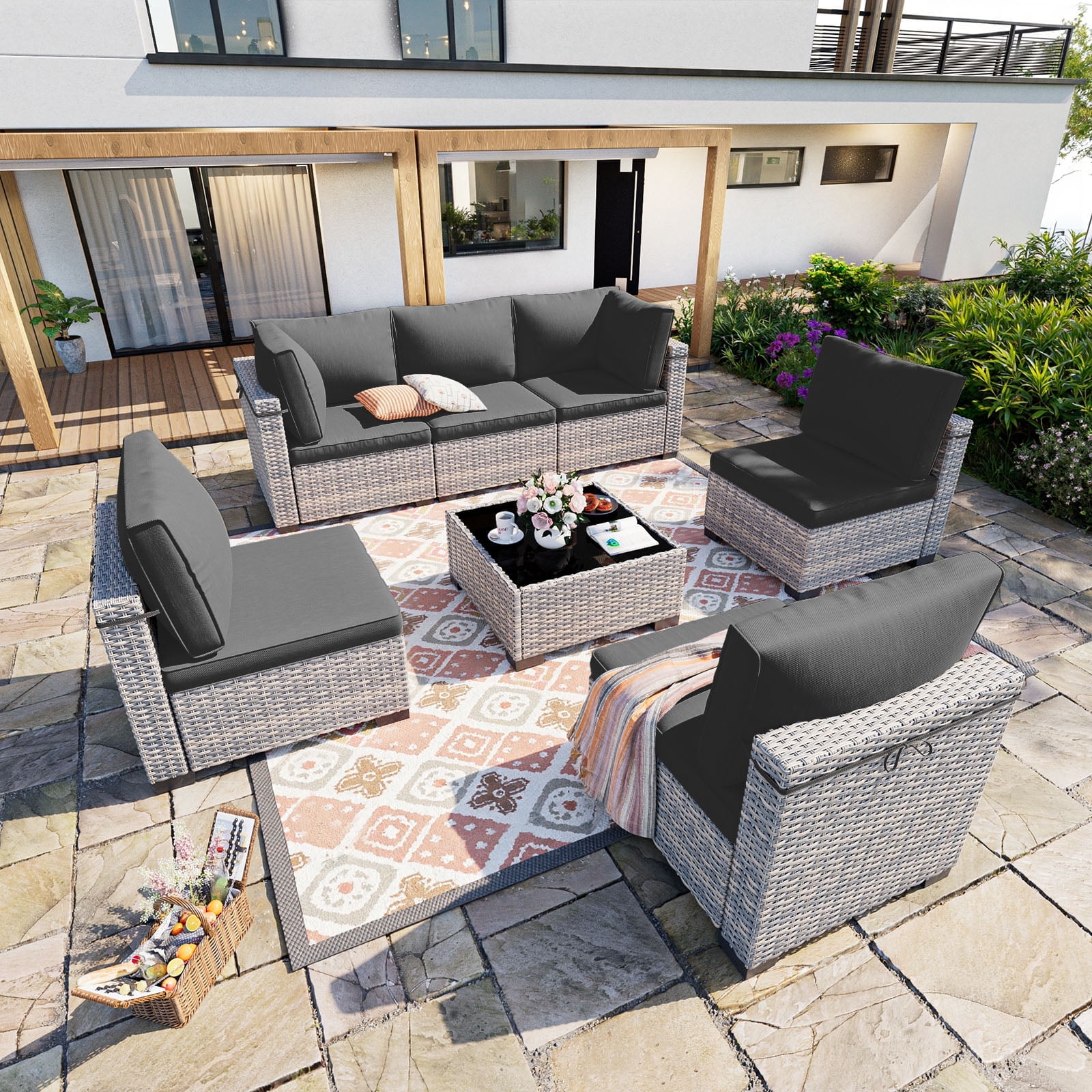 7-Piece Patio Furniture Set, Outdoor Patio Furniture with Thick Cushions, Modular Patio Sofa, Dual-Strand Wicker Rattan, Rust-Resistant Frame, Backyard Furniture for Garden, Deck, Black
