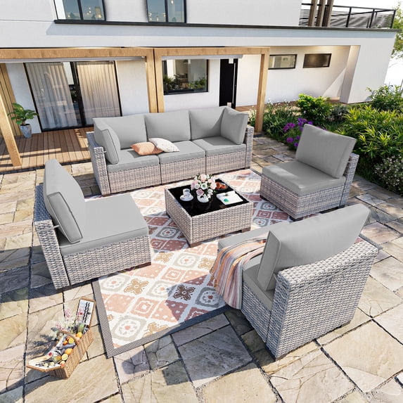 7-Piece Patio Furniture Set, Outdoor Patio Furniture with Thick Cushions, Modular Patio Sofa, Dual-Strand Wicker Rattan, Rust-Resistant Frame, Backyard Furniture for Garden, Deck, Grey