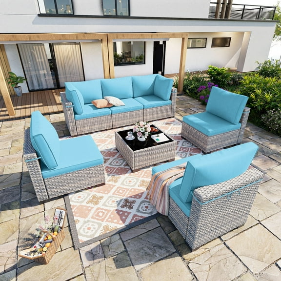 7-Piece Patio Furniture Set, Outdoor Patio Furniture with Thick Cushions, Modular Patio Sofa, Dual-Strand Wicker Rattan, Rust-Resistant Frame, Backyard Furniture for Garden, Deck, Lake Blue