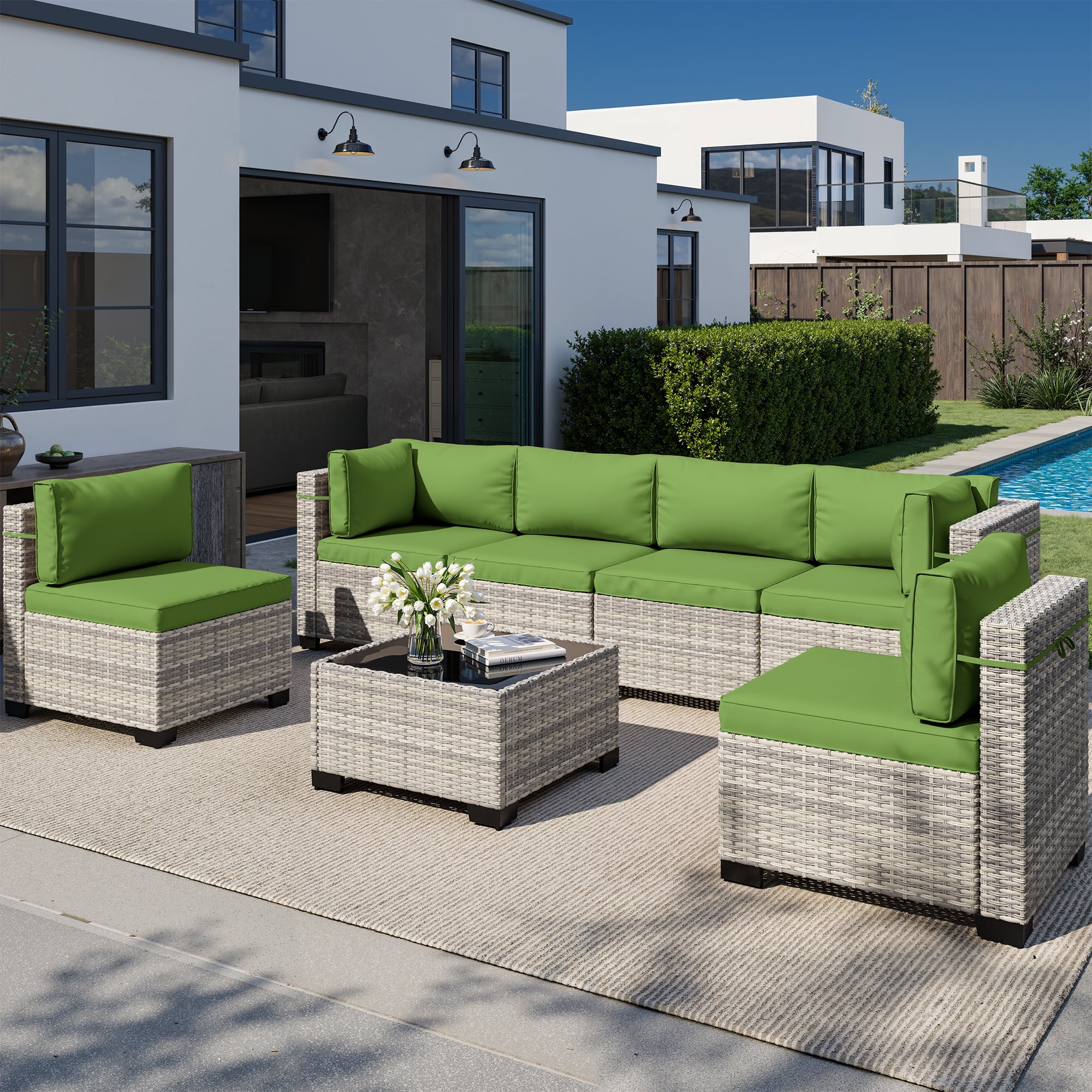 7-Piece Patio Furniture Set, Outdoor Patio Furniture with Thick Cushions, Modular Patio Sofa, Dual-Strand Wicker Rattan, Rust-Resistant Frame, Backyard Furniture for Garden, Deck, Grass Green